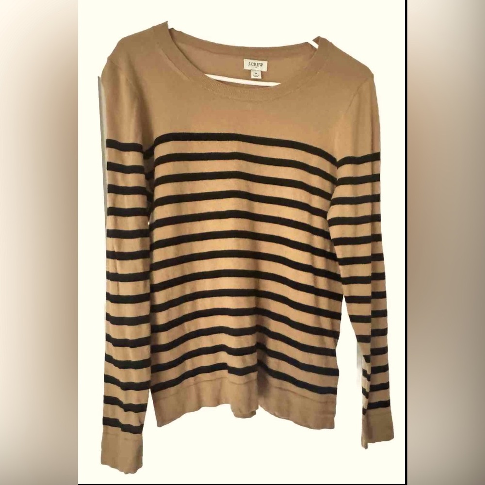 W’s J. Crew Factory Tan w Black Stripes Crewneck Sweater| Size M|EUC